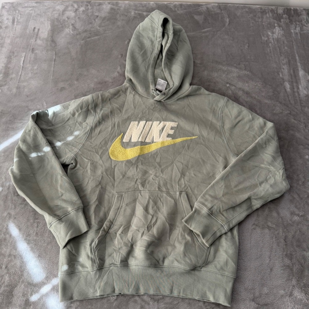 Nike Sportswear Club Fleece Hoodie Sage Green Chenille Logo Men's Small